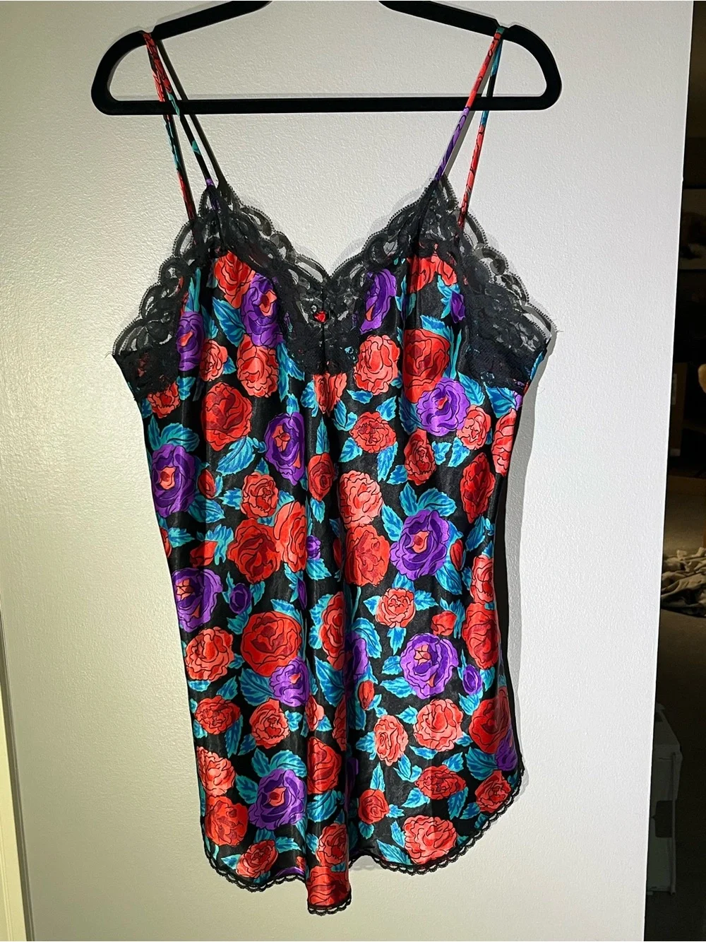 Vintage 90s Cine Star Floral Satin Lace Trim Camisole Top/Mini Dress - Medium - Picture 2 of 5
